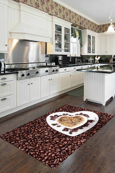 Kahverengi Kaymaz Tabanlı Coffee Temalı Mutfak Halısı MT32 ürün görseli 1