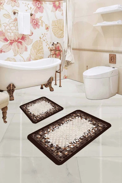 Kahve Deri Görünümlü Banyo Halısı Klozet Paspas Seti BS328 ürün görseli 1