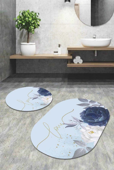 Eflatun Çiçek Desen Oval Banyo Klozet Paspas Seti BS096 ürün görseli 1