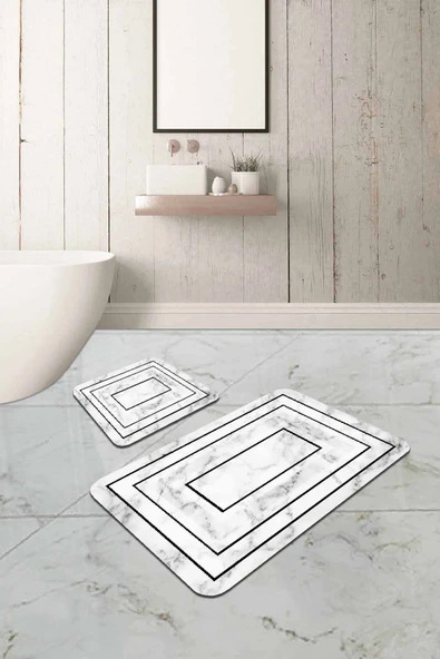 Beyaz Mermer Desen Banyo Halısı Klozet Paspas Seti BS342 ürün görseli 1
