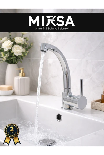 MİXSA Armut Kuğu Borulu Banyo Lavabo Bataryası Çeşmesi Musluğu Çift Su Girişli ürün görseli 1