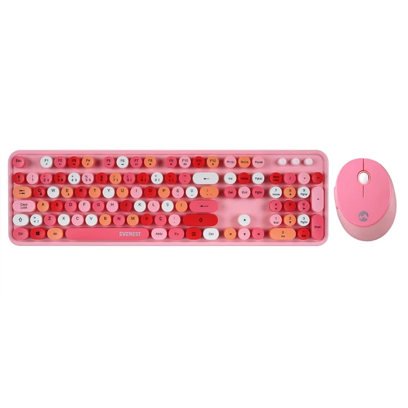 Everest Round Km-6282 Renkli Tuşlu Pembe Kablosuz Q Multimedia Klavye + Mouse Set ürün görseli 1