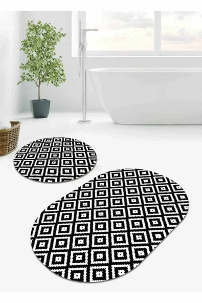 Siyah Karo Desen Banyo Halısı Klozet Oval Paspas Seti BS073 ürün görseli 1