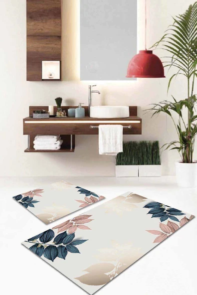 Pudra Yapraklı Desen Banyo Halısı Klozet Paspas Seti BS052 ürün görseli 1