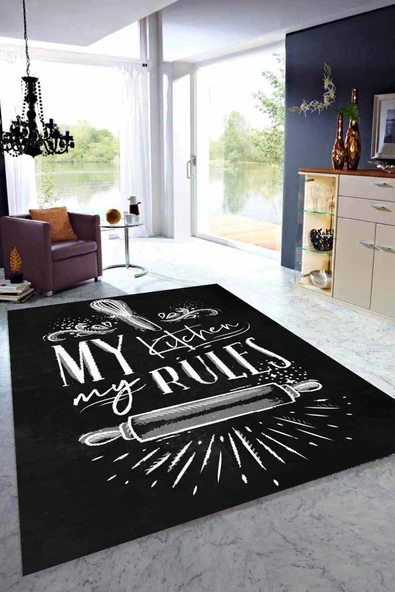 Siyah Kaymaz Tabanlı My Kitchen My Rules Mutfak Halısı MT41 ürün görseli 1