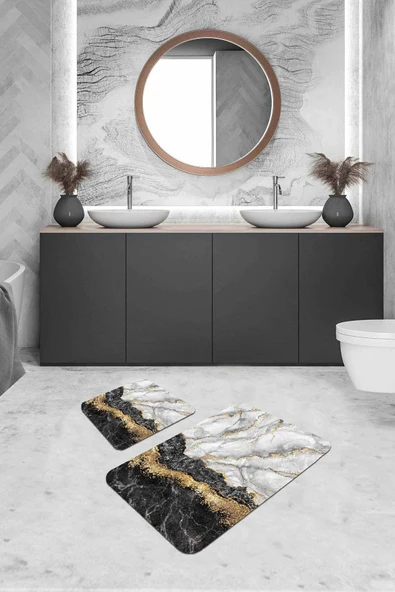 Siyah Mermer Görünümlü Banyo Halısı Klozet Paspas Seti BS305 ürün görseli 1