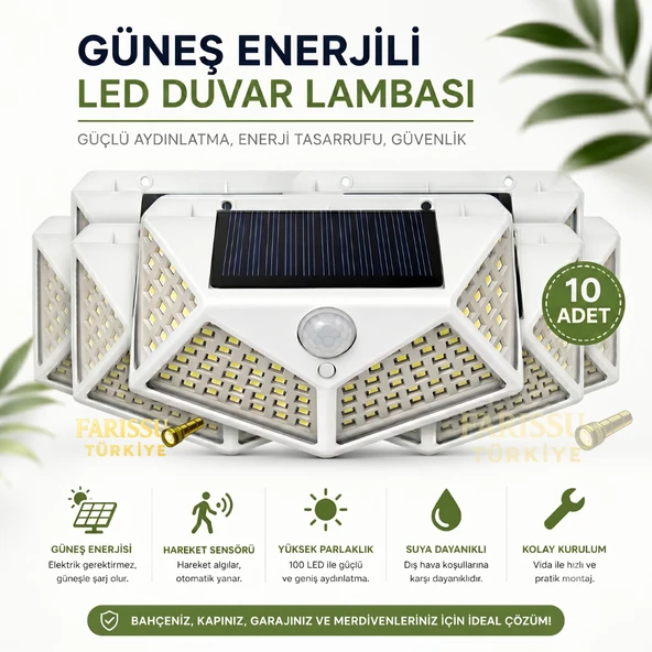 100 LED Solar Hareket Sensörlü Dış Mekan Bahçe Lambası (10Adet) ürün görseli 1
