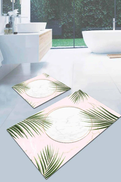 Pudra Yapraklı Banyo Halısı Klozet Takımı Paspas Seti BS051 ürün görseli 1
