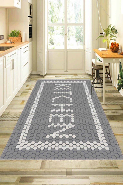 Gri Kaymaz Taban Yıkanan Kitchen Yazılı Mutfak Halısı AR491 ürün görseli 1
