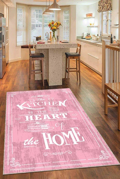 Pembe Kaymaz Tabanlı Kitchen Yazılı Mutfak Halısı AR528 ürün görseli 1