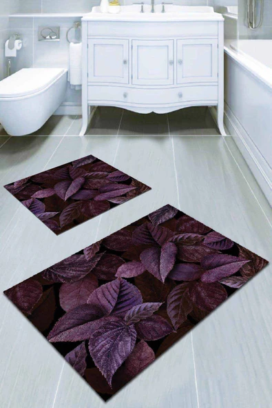 Mürdüm Yapraklı Banyo Halısı Klozet Takımı Paspas Seti BS020 ürün görseli 1