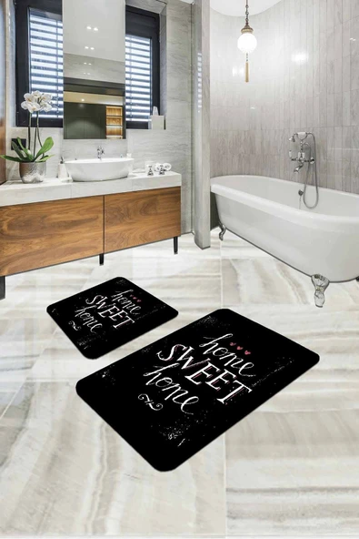 Siyah Home Sweet Home Banyo Halısı Klozet Paspas Seti BS301 ürün görseli 1