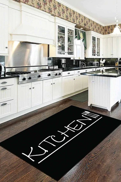 Siyah Kaymaz Tabanlı Kitchen Yazılı Mutfak Halısı MTK04 ürün görseli 1