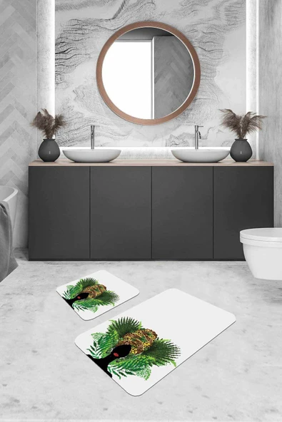 Ekru Etnik Desen Banyo Halısı Klozet 2'li Paspas Seti BS232 ürün görseli 1