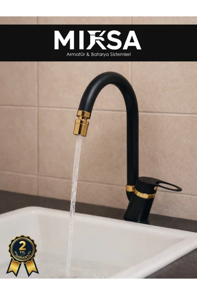MİXSA Lüx Siyah-Gold Baston Borulu Oynar Başlıklı Perlatörlü Banyo Lavabo Bataryası, ÇiftSuGirişli ürün görseli 1