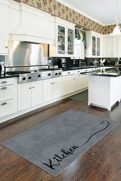 Antrasit Kaymaz Tabanlı Kitchen Yazılı Mutfak Halısı Yolluk VH088 ürün görseli 1