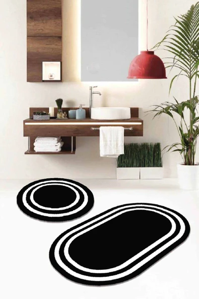 Siyah Çerçeve Desen Oval Banyo Klozet Paspas Seti BS075 ürün görseli 1