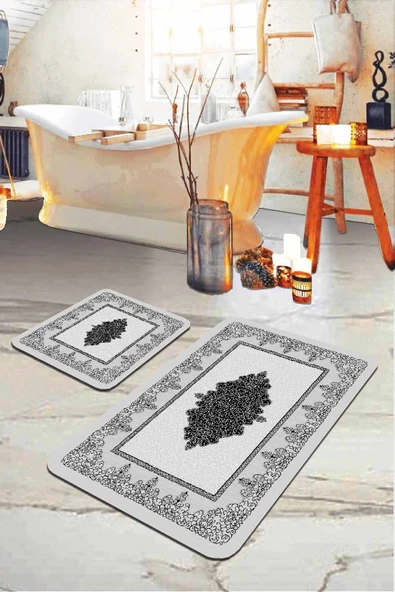Gri Modern Klasik Banyo Halısı Klozet 2'li Paspas Seti BS281 ürün görseli 1