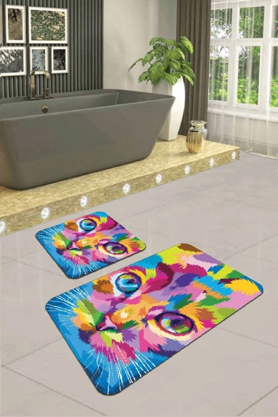 Renkli Kedili Desen Banyo Halısı Klozet Paspas Seti BS263 ürün görseli 1