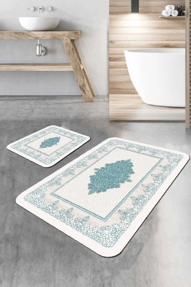 Turkuaz Modern Klasik Banyo Halısı Klozet Paspas Seti BS283 ürün görseli 1