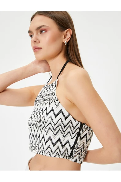 Halter Yaka Kroşe Crop Top Desenli Yandan Fermuarlı ürün görseli 1