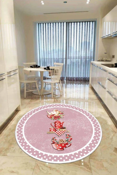Pembe Kaymaz Çaydanlık Desenli Yuvarlak Mutfak Halısı AR423 ürün görseli 1