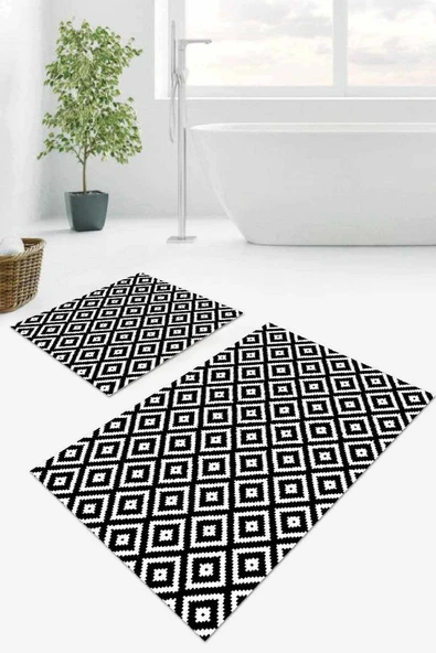 Siyah Karo Desen Banyo Halısı Klozet 2'li Paspas Seti BS031 ürün görseli 1
