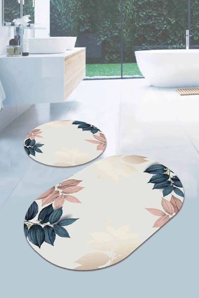 Krem Yapraklı Banyo Halısı Klozet Oval Paspas Seti BS094 ürün görseli 1