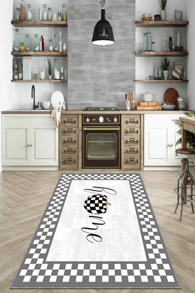 Gri Kaymaz Tabanlı Yıkanır Home Desenli Mutfak Halısı AR795 ürün görseli 1