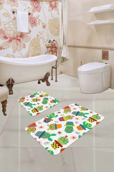 Yeşil Kaktüs Desen Banyo Halısı Klozet Paspas Seti BS247 ürün görseli 1