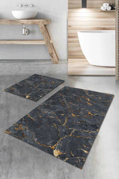 Füme Mermer Görünümlü Banyo Halısı Klozet Paspas Seti BS017 ürün görseli 1