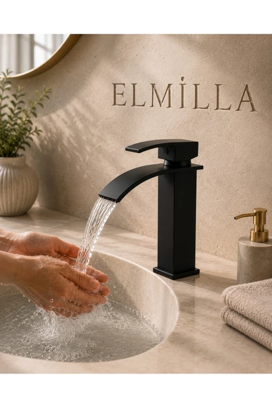 elmilla Lüx Premium Mat Siyah Şelale Lavabo Bataryası Çift Su Girişli Modern Tasarım Batarya ürün görseli 1