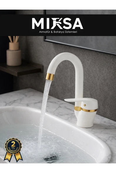 MİXSA Lüx Beyaz-Gold Baston Borulu Banyo Lavabo Bataryası, Musluğu, Çift Su Girişli ürün görseli 1