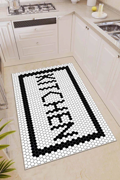 Beyaz Kaymaz Tabanlı Kitchen Yazılı Mutfak Halısı AR443 ürün görseli 1