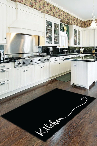 Siyah Kaymaz Tabanlı Kitchen Yazılı Mutfak Halısı Yolluk VH089 ürün görseli 1