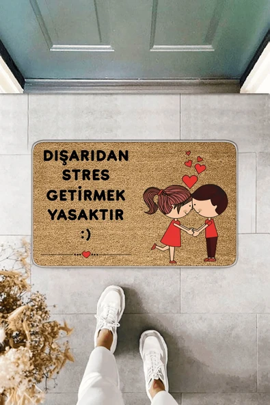 Bej Stres Getirmek Yasak Mutlu Çift  Kapı Önü Paspası KP02 ürün görseli 1