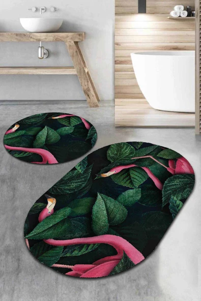 Yeşil Yapraklı Desen Oval Banyo Klozet Paspas Seti BS089 ürün görseli 1