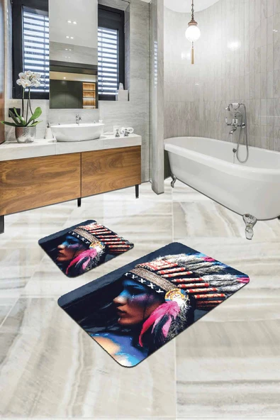 Renkli Etnik Desen Banyo Halısı Klozet Paspas Seti BS200 ürün görseli 1