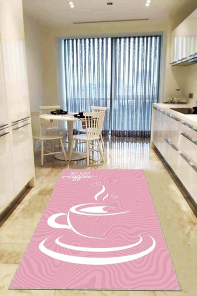 Pembe Kaymaz Taban Yıkanabilir Fincanlı Mutfak Halısı AR860 ürün görseli 1
