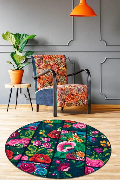 Çok Renkli Kaymaz Yuvarlak Patchwork Mutfak Halısı AR1362 ürün görseli 1