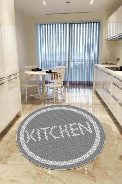 Gri Kaymaz Taban Kitchen Yazılı Yuvarlak Mutfak Halısı AR546 ürün görseli 1