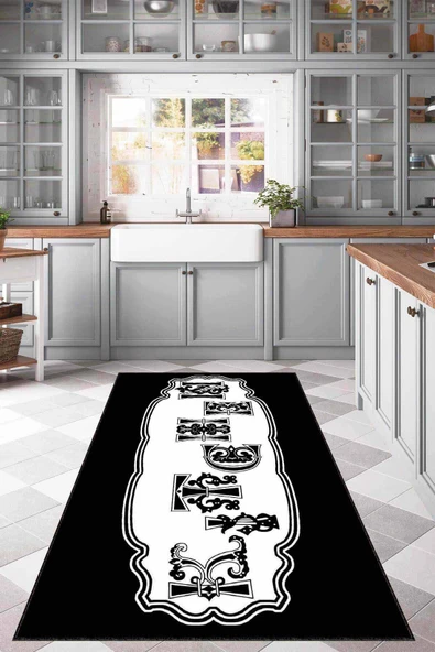 Siyah Kaymaz Taban Yıkanan Kitchen Yazılı Mutfak Halısı MT11 ürün görseli 1