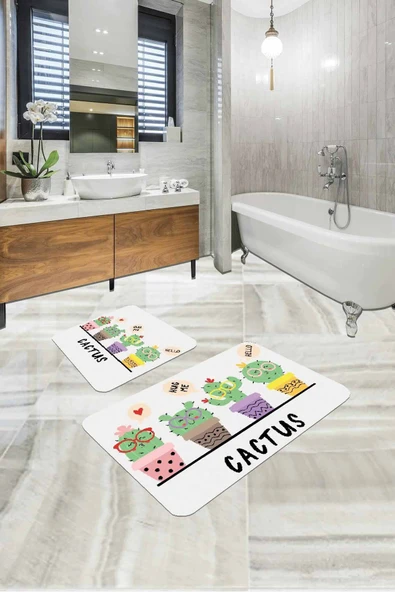 Yeşil Kaktüslü Banyo Halısı Klozet Takımı Paspas Seti BS246 ürün görseli 1