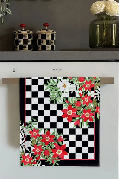Kırmızı Çiçek Desenli Fırın Mutfak Havlusu 30x50cm ürün görseli 1