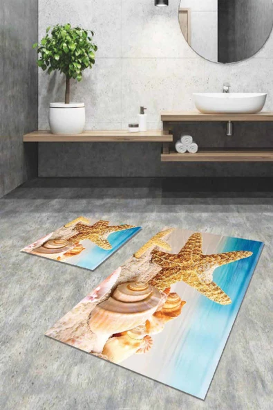 Mavi Deniz Kabuklu Banyo Halısı Klozet Paspas Seti BS101 ürün görseli 1