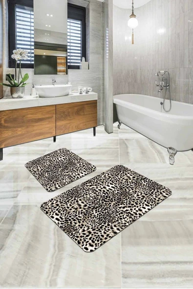 Bej Leopar Desenli Banyo Halısı Klozet Paspas Seti BS324 ürün görseli 1