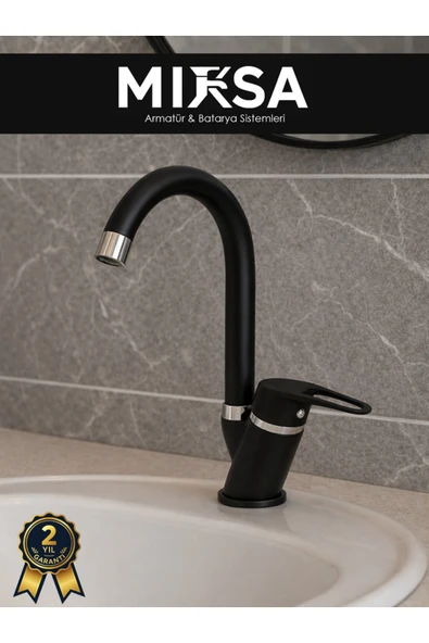 MİXSA Siyah-Krom Baston Borulu Banyo Lavabo Bataryası, Musluğu, Çift Su Girişli ürün görseli 1