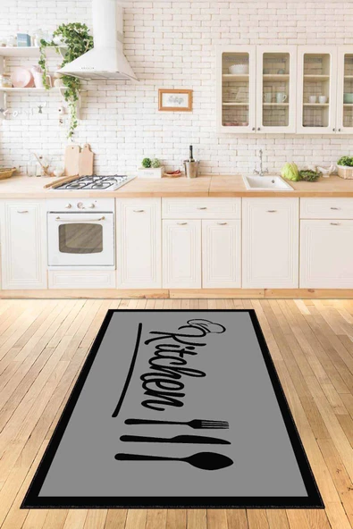 Gri Kaymaz Taban Yıkanan Kitchen Yazılı Mutfak Halısı AR176 ürün görseli 1