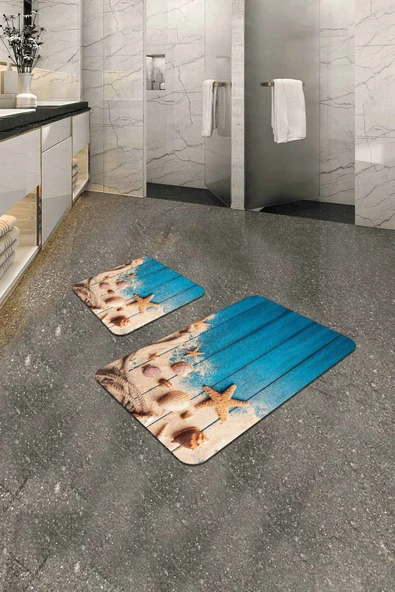 Mavi Deniz Kabuklu Banyo Halısı Klozet Paspas Seti BS211 ürün görseli 1