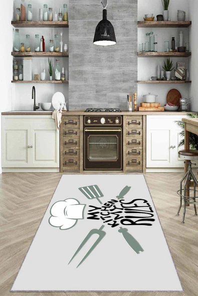 Gri Kaymaz Tabanlı My Kitchen My Rules Mutfak Halısı MT01 ürün görseli 1